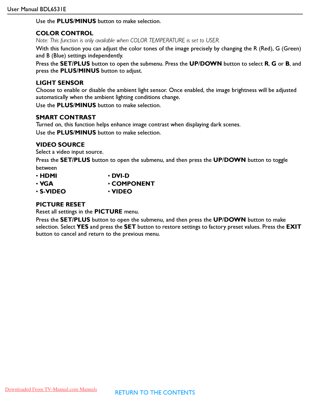 Philips BDL6531E user manual Color Control, Light Sensor, Smart Contrast, Video Source, Hdmi, Video Picture Reset 
