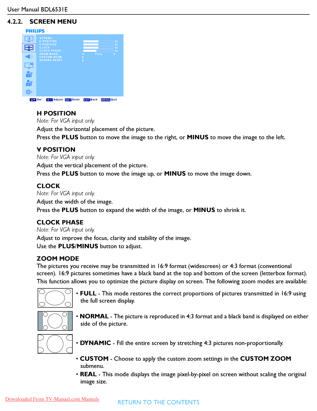 Philips BDL6531E user manual Position, Clock Phase, Zoom Mode 