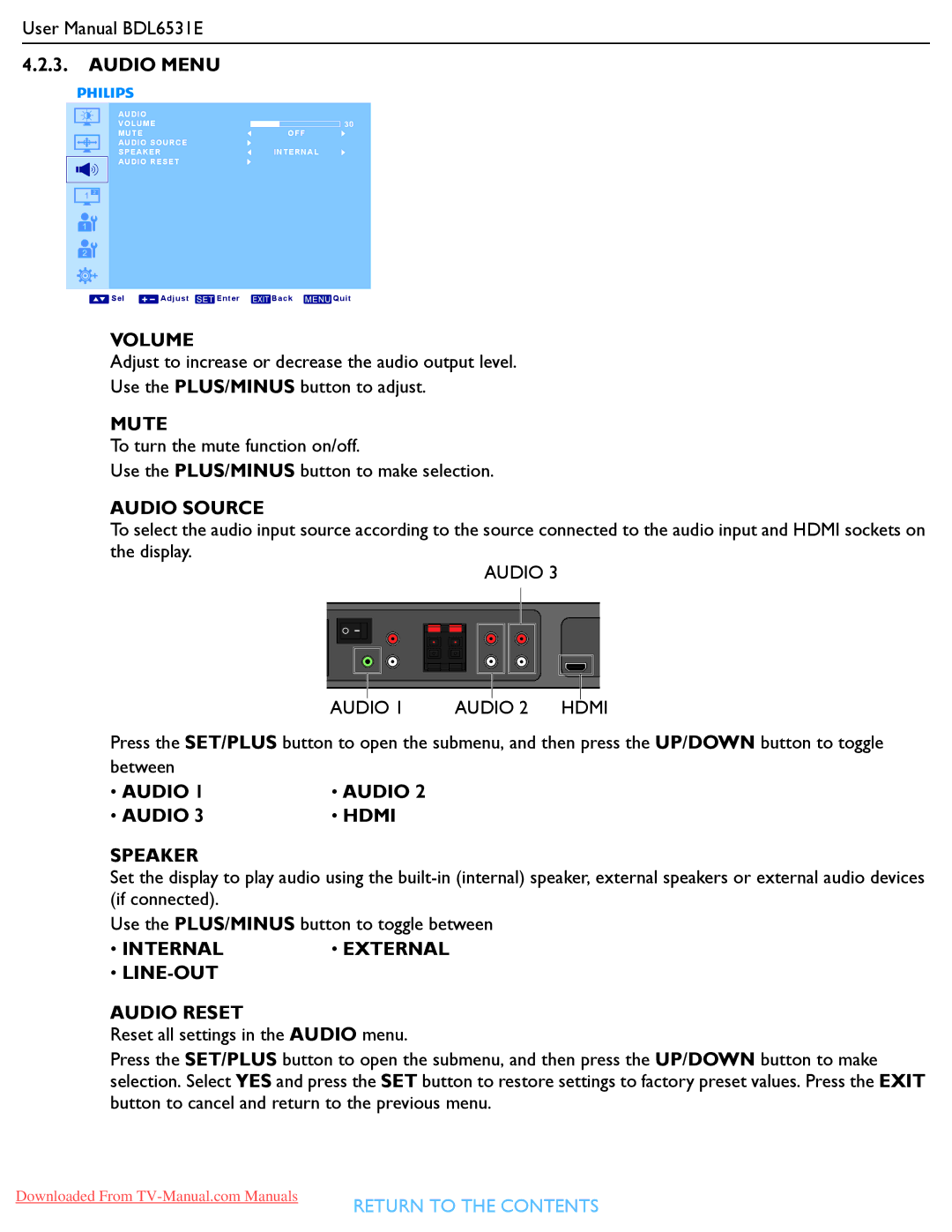 Philips BDL6531E user manual Volume, Mute, Audio Source, Audio Hdmi Speaker, Internal, LINE-OUT Audio Reset 