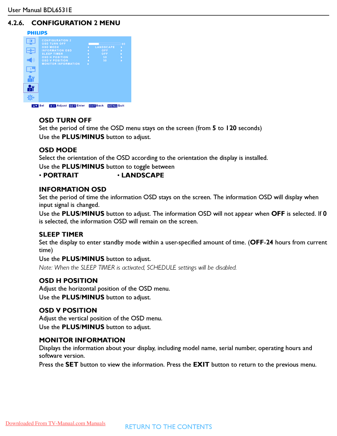 Philips BDL6531E user manual OSD Turn OFF, OSD Mode, Portrait, Information OSD, Sleep Timer, OSD H Position, OSD V Position 