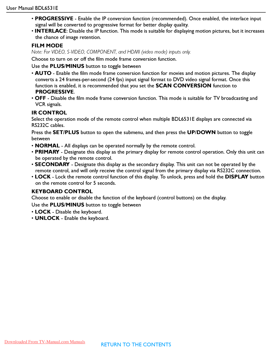 Philips BDL6531E user manual Film Mode, Progressive, IR Control, Keyboard Control 