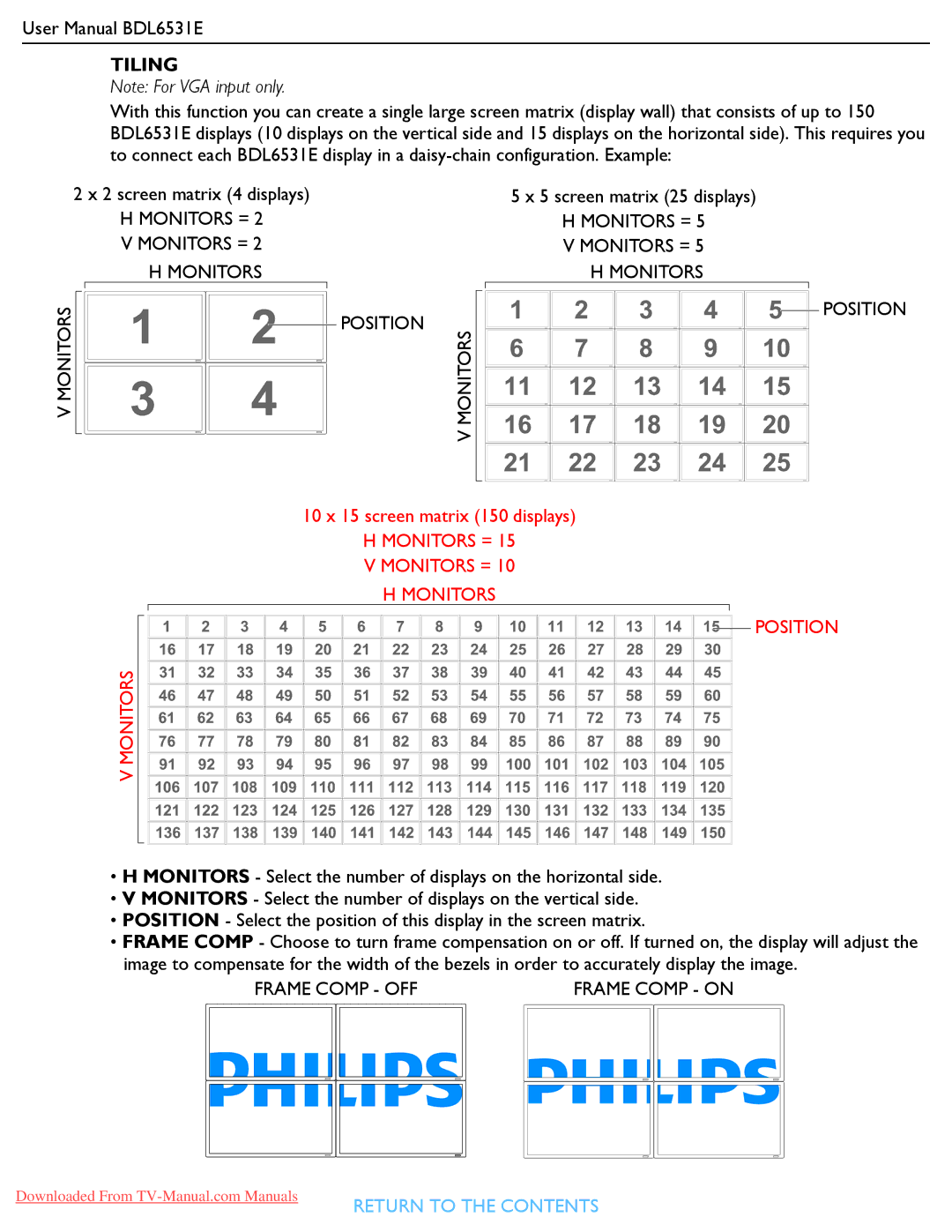 Philips BDL6531E user manual Tiling, Monitors = Position 