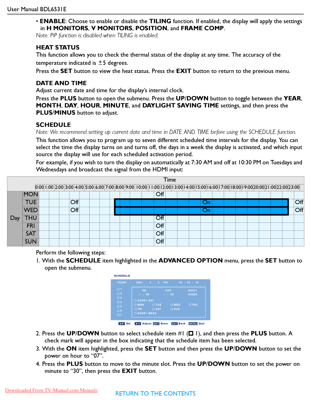 Philips BDL6531E user manual Heat Status, Date and Time, Schedule 