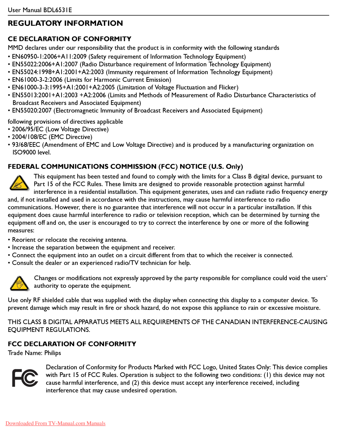 Philips BDL6531E user manual Regulatory Information, CE Declaration of Conformity, FCC Declaration of Conformity 