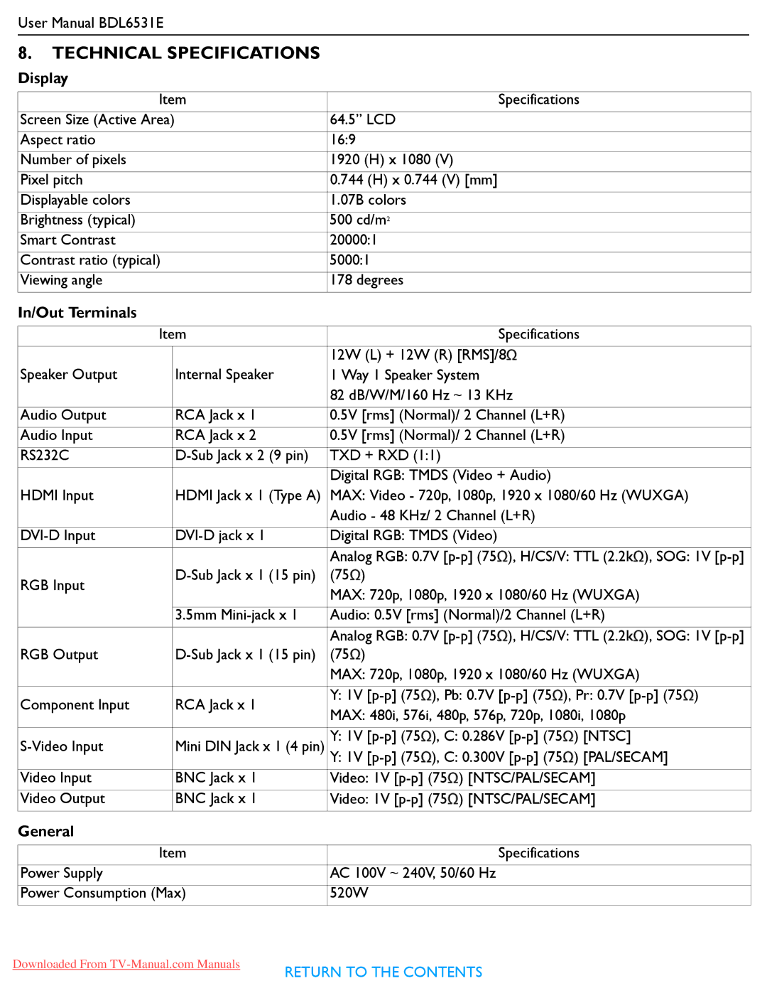 Philips BDL6531E user manual Technical Specifications, Display, In/Out Terminals, General 