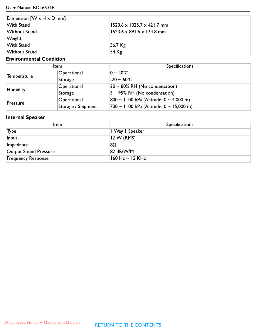 Philips BDL6531E user manual Environmental Condition, Internal Speaker 