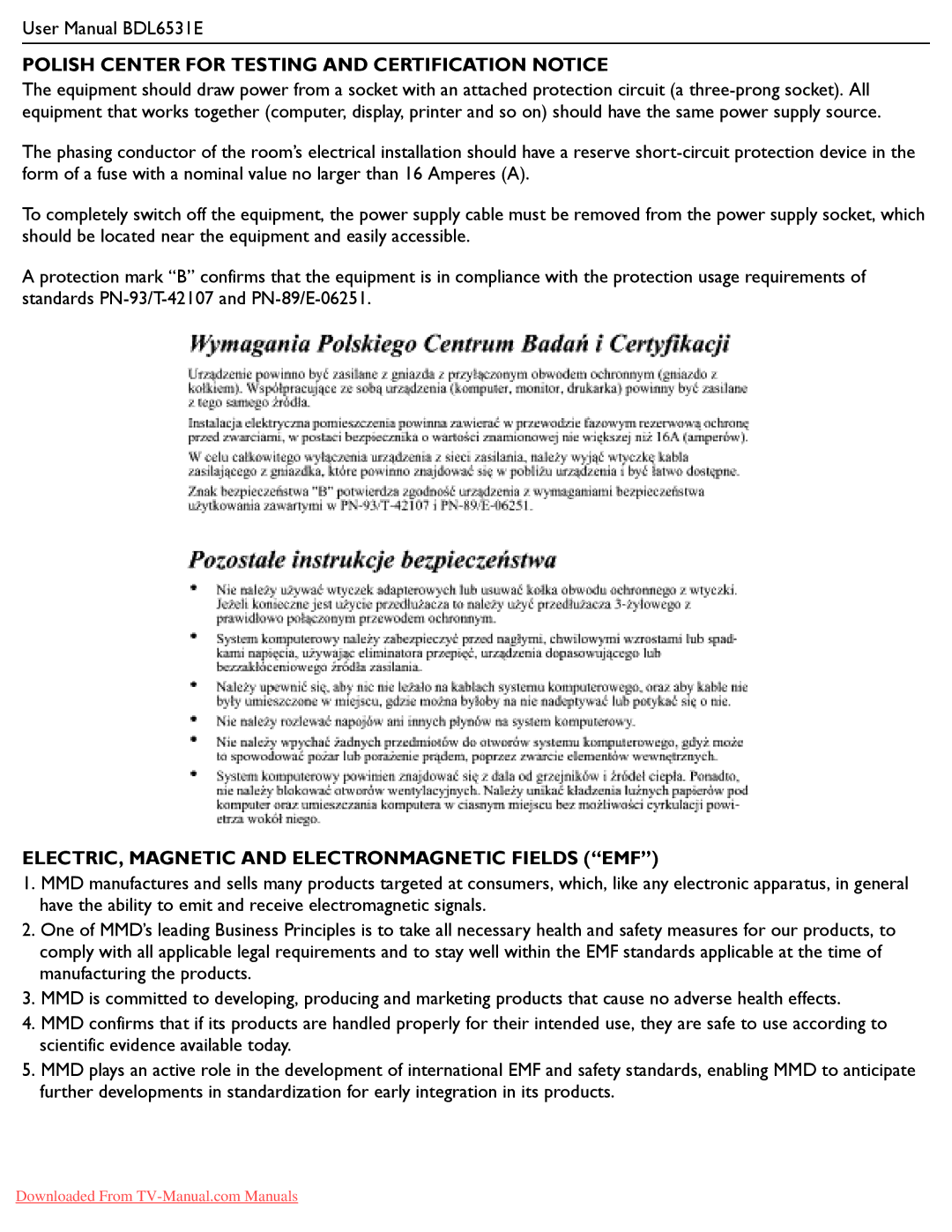 Philips BDL6531E Polish Center for Testing and Certification Notice, ELECTRIC, Magnetic and Electronmagnetic Fields EMF 