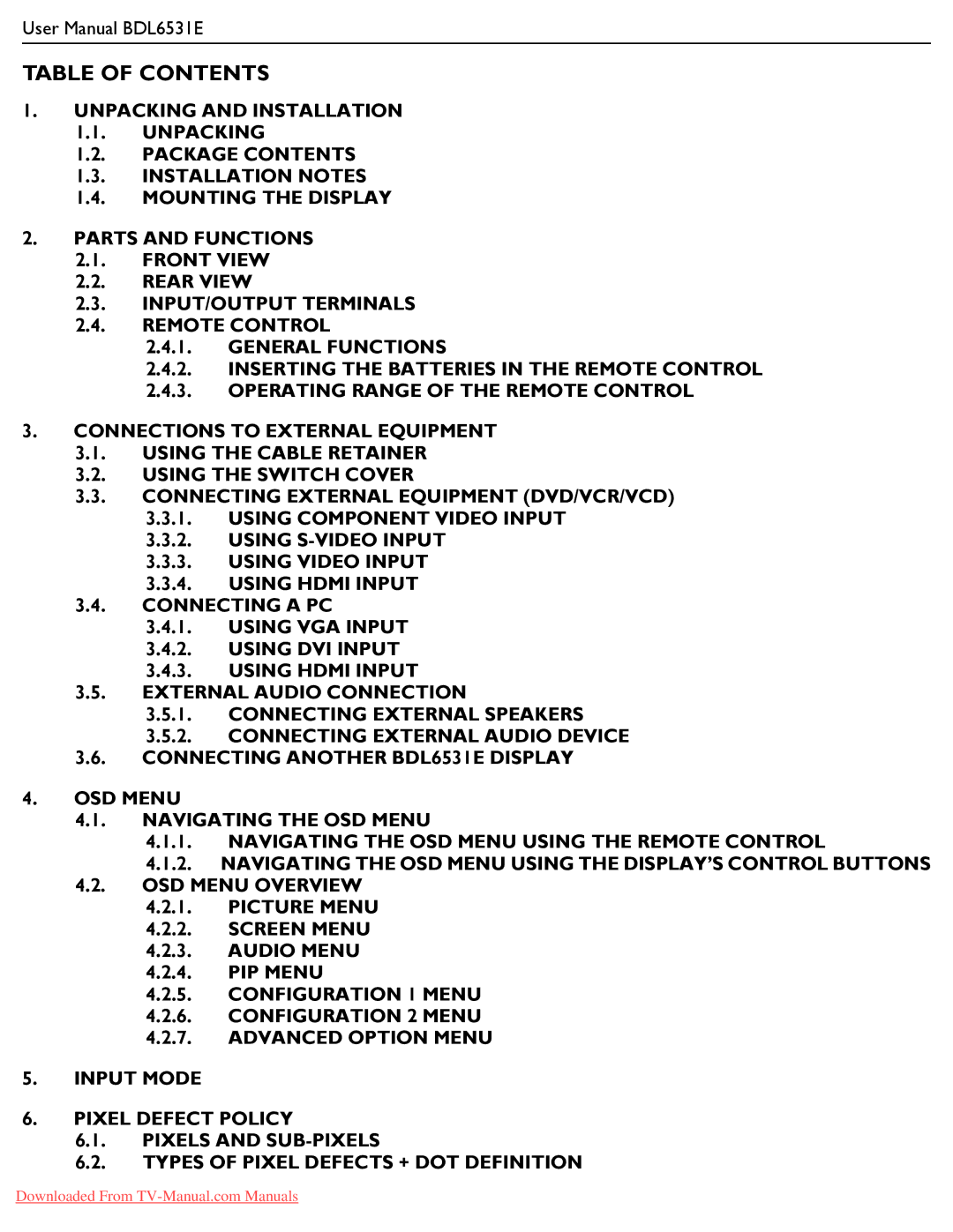 Philips BDL6531E user manual Table of Contents 