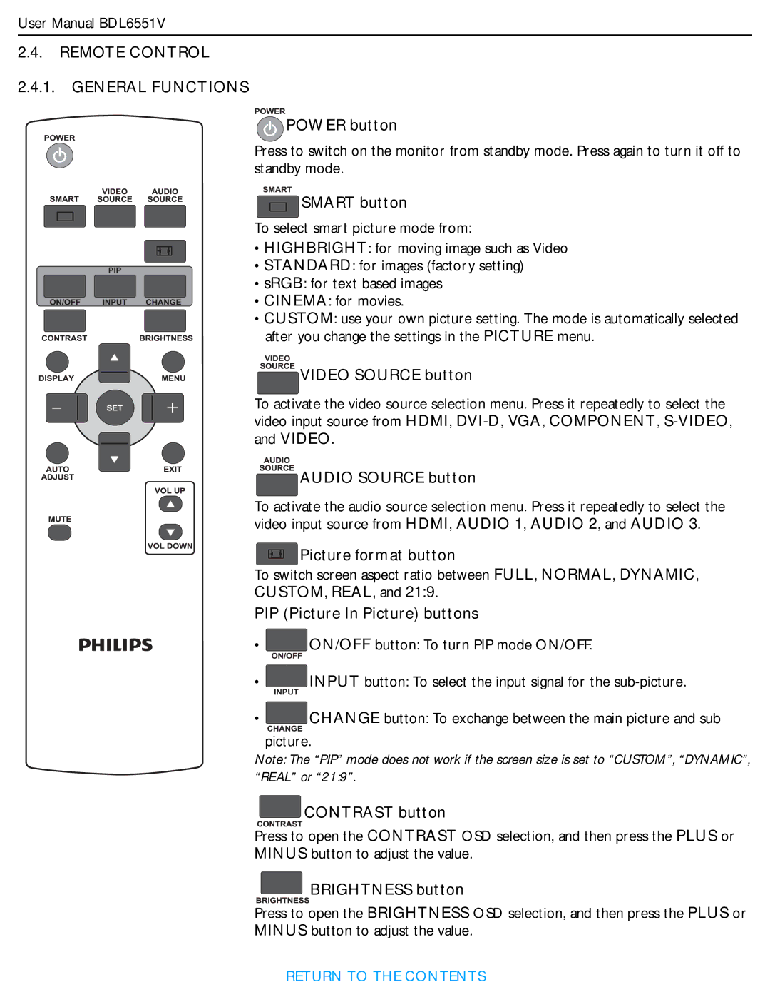 Philips BDL6551V user manual Remote Control General Functions 