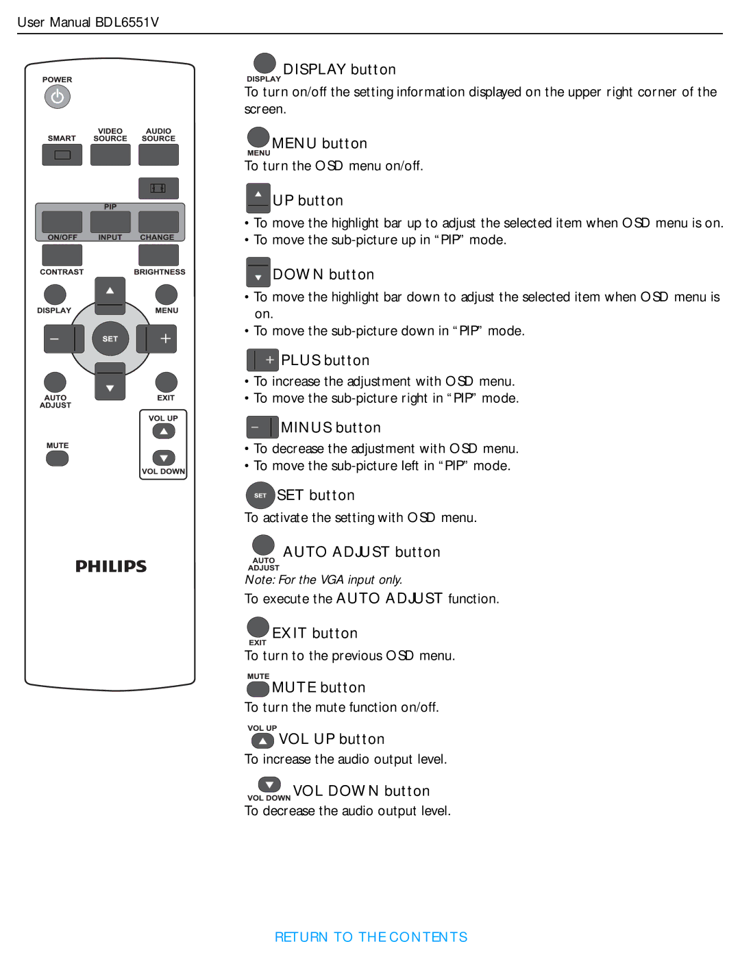 Philips BDL6551V Display button, UP button, Down button, Plus button, Minus button, SET button, Auto Adjust button 