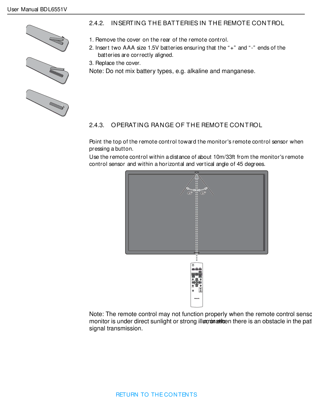 Philips BDL6551V user manual Inserting the Batteries in the Remote Control 