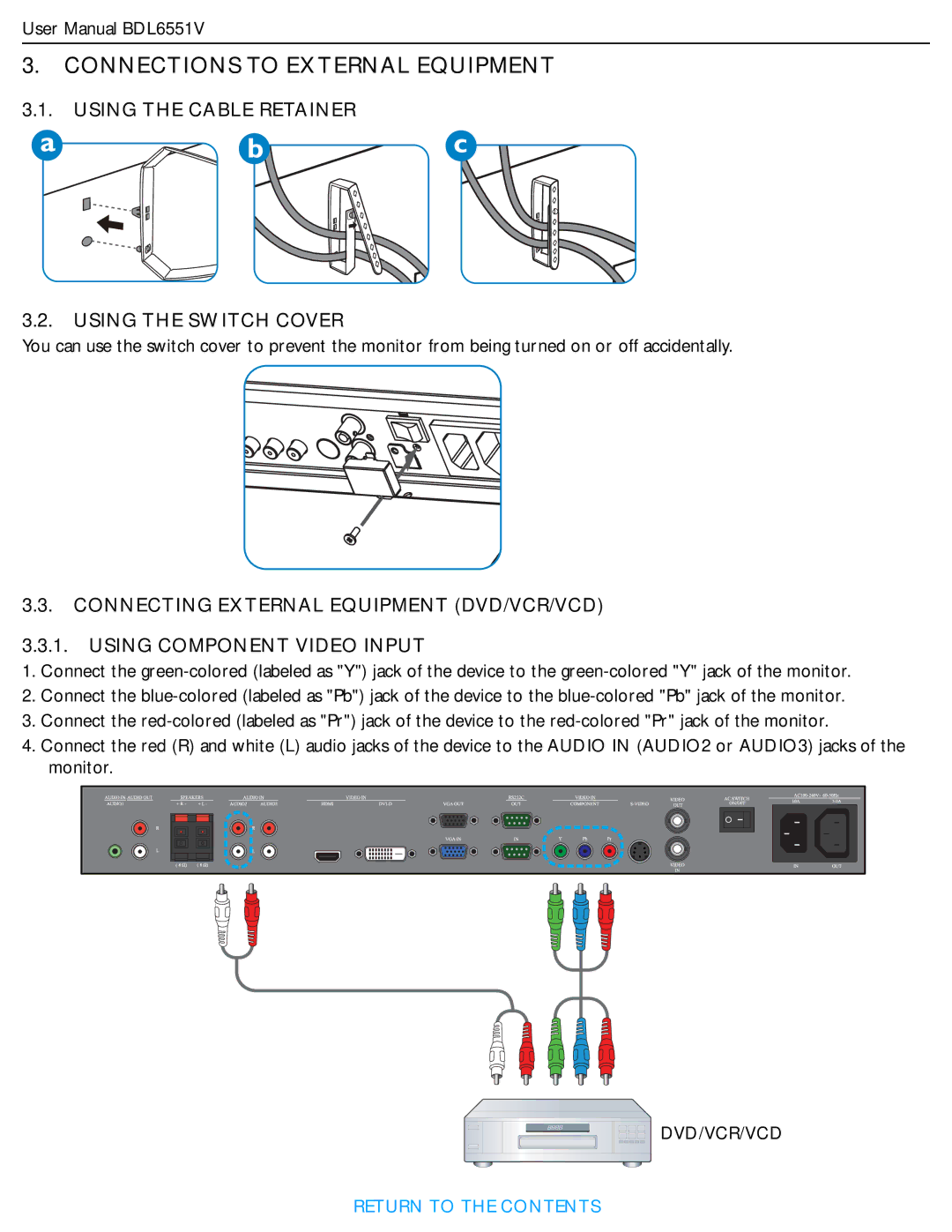 Philips BDL6551V user manual Connections to External Equipment, Using the Cable Retainer Using the Switch Cover 