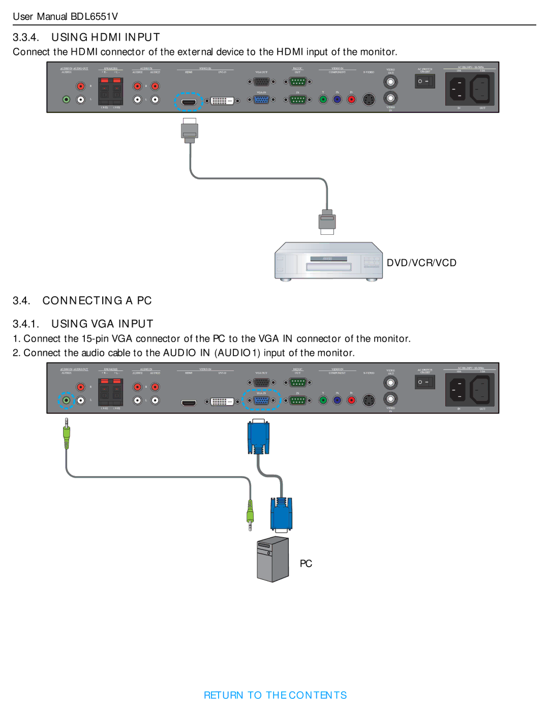 Philips BDL6551V user manual Using Hdmi Input, Connecting a PC Using VGA Input 