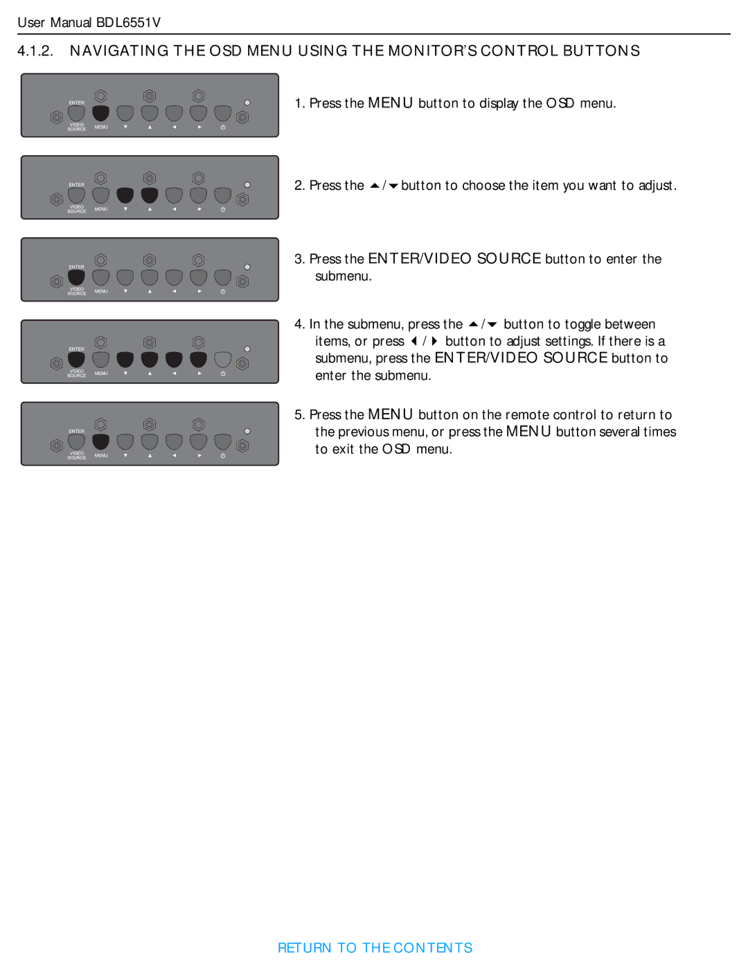 Philips BDL6551V user manual Navigating the OSD Menu Using the MONITOR’S Control Buttons 