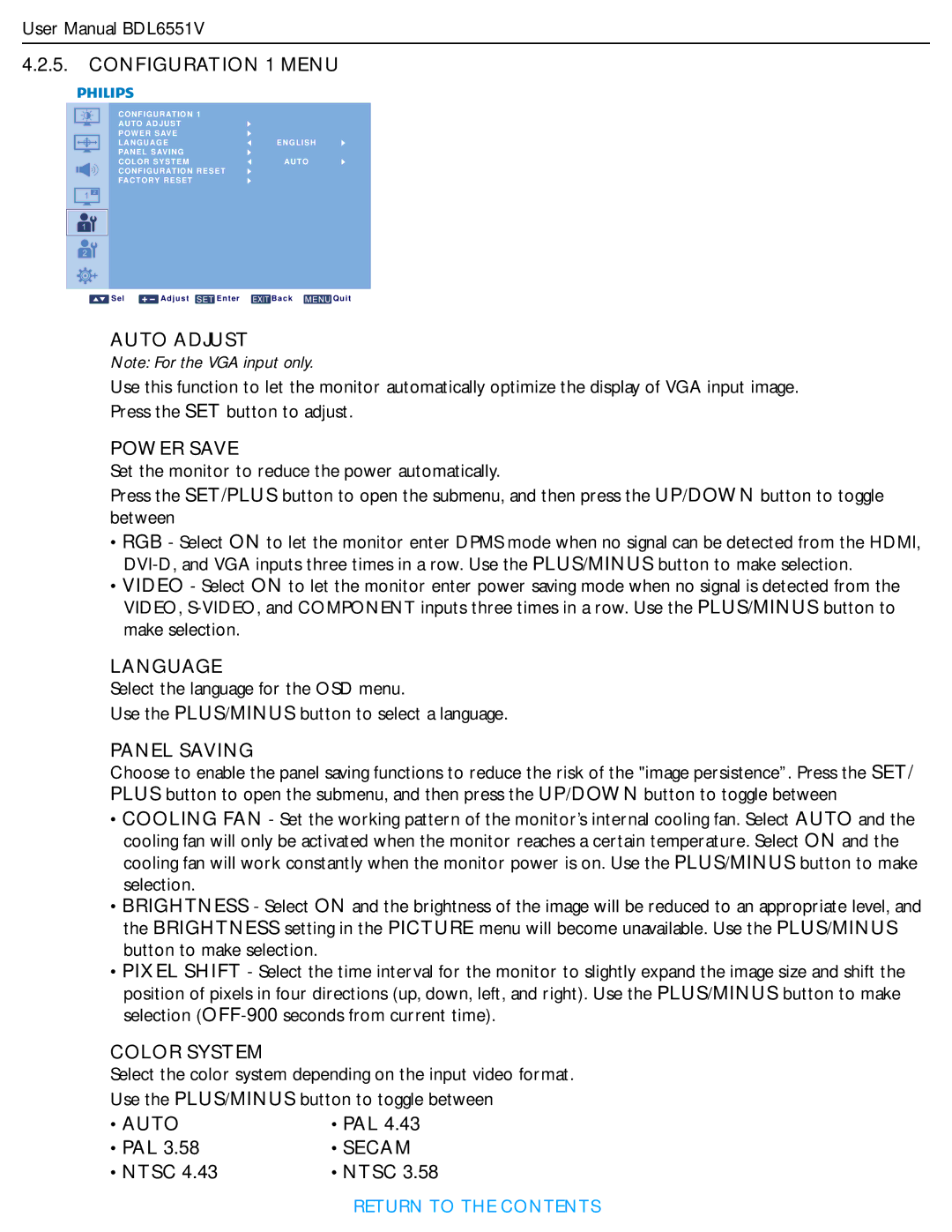 Philips BDL6551V user manual Configuration 1 Menu, Auto Adjust, Power Save, Language, Panel Saving, Color System, Secam 