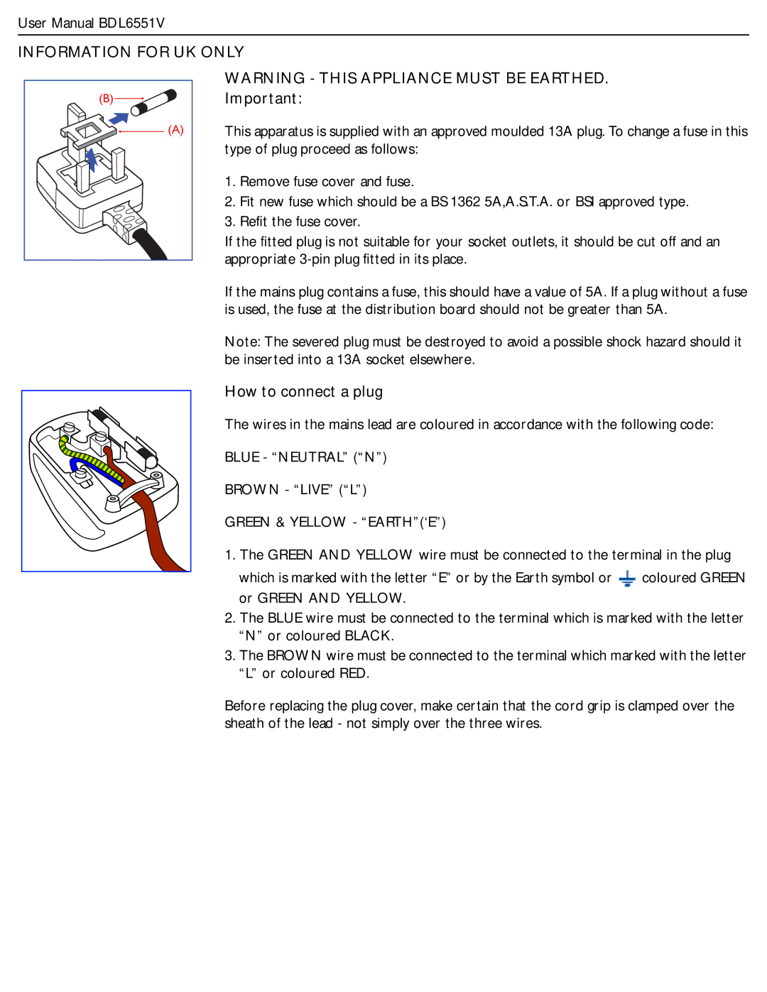 Philips BDL6551V user manual Information for UK only, How to connect a plug 