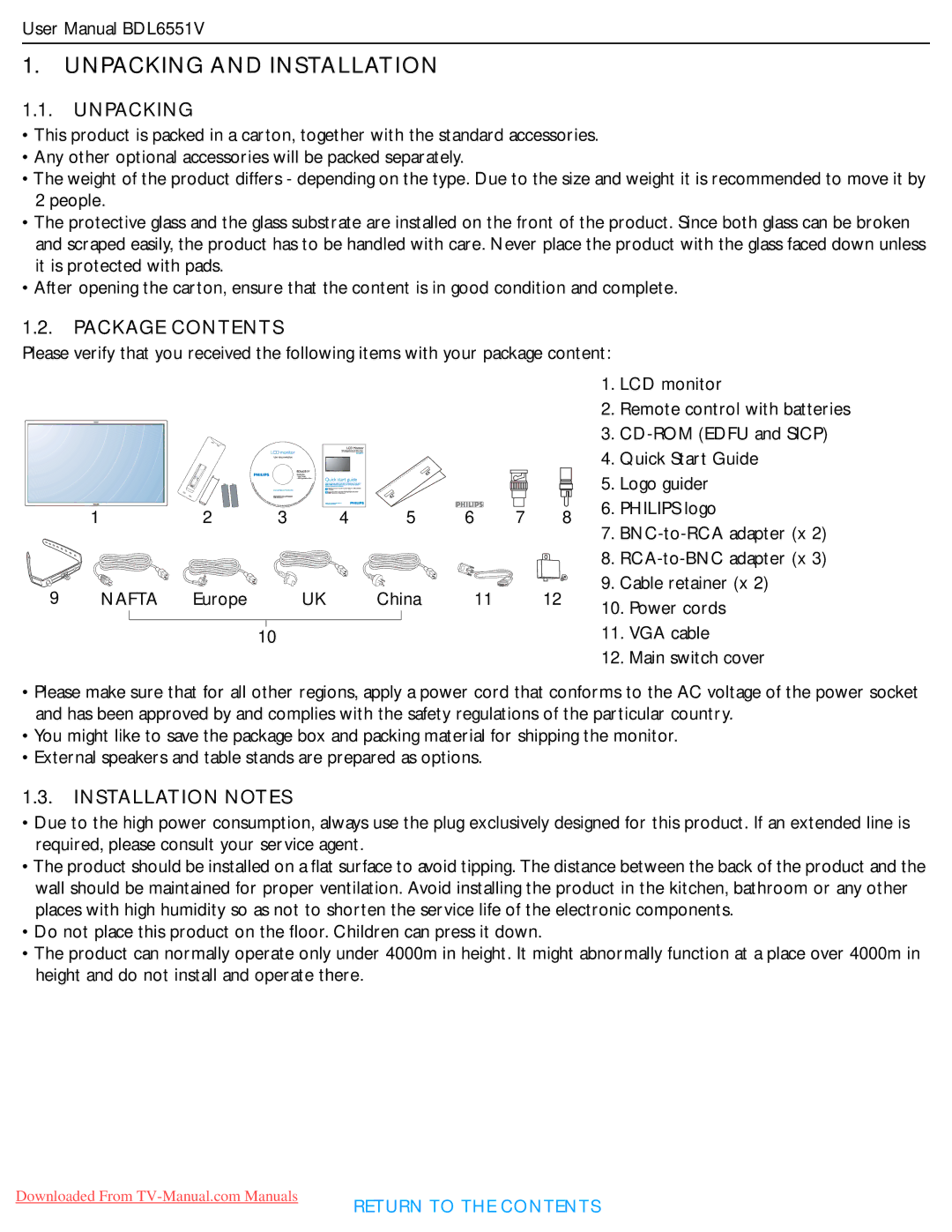 Philips BDL6551V user manual Unpacking and Installation 