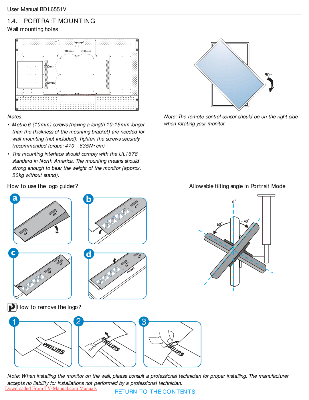 Philips BDL6551V user manual Portrait Mounting Wall mounting holes 