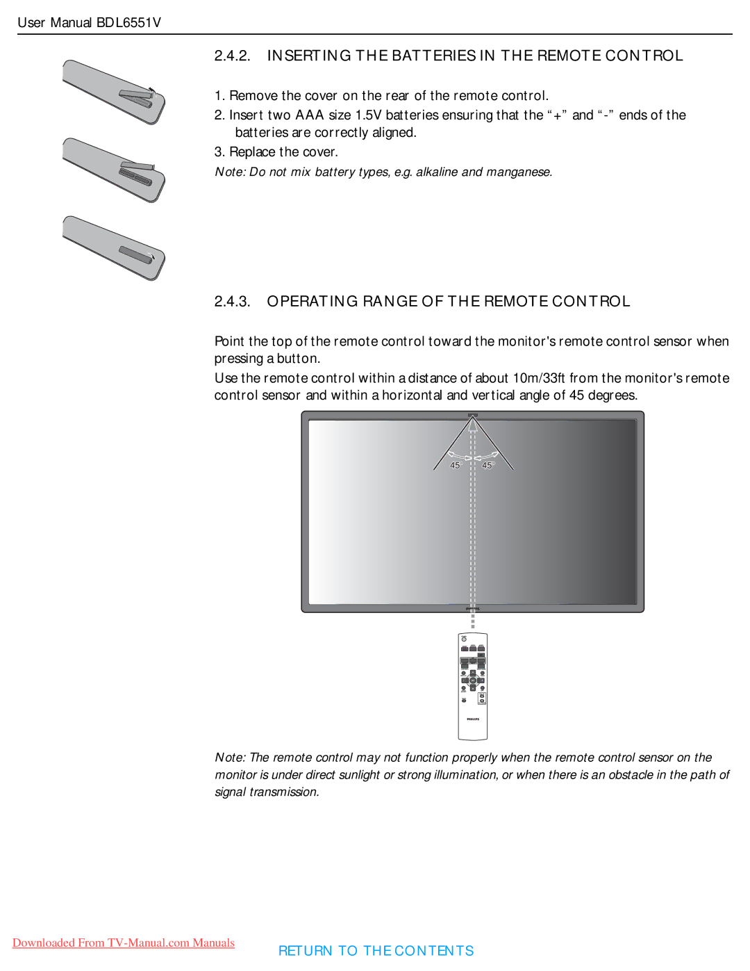 Philips BDL6551V user manual Inserting the Batteries in the Remote Control 