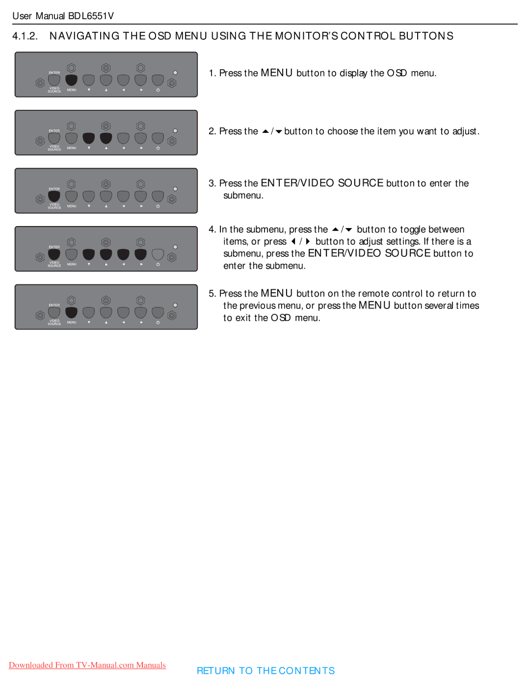 Philips BDL6551V user manual Navigating the OSD Menu Using the MONITOR’S Control Buttons 