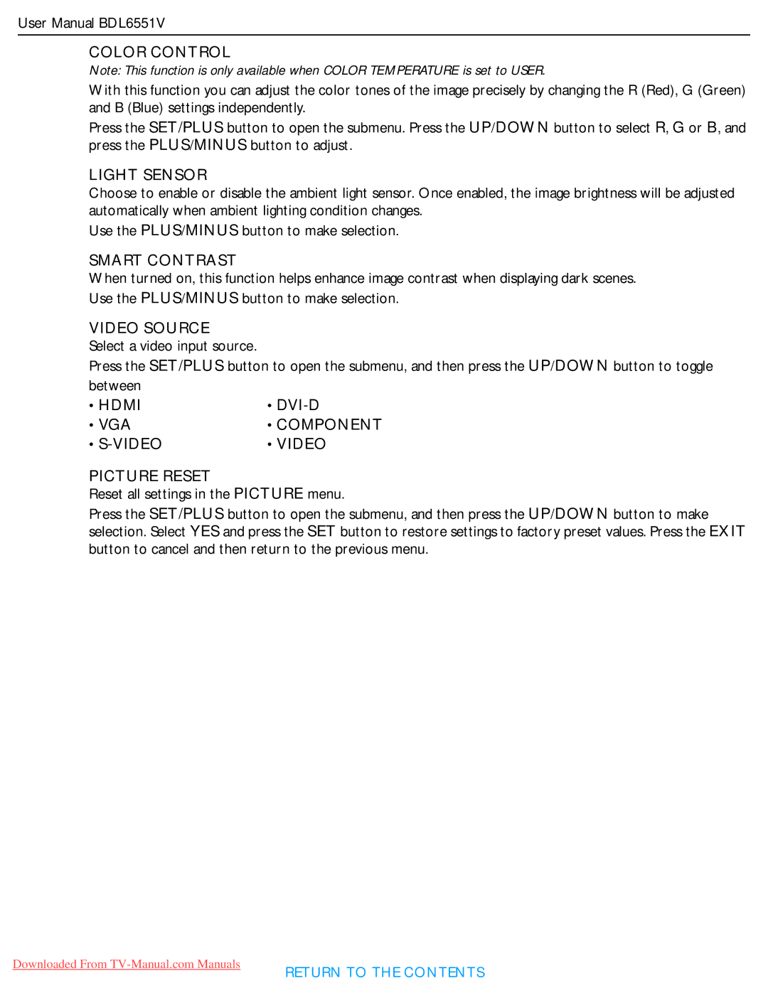 Philips BDL6551V user manual Color Control, Light Sensor, Smart Contrast, Video Source, Hdmi, Video Picture Reset 