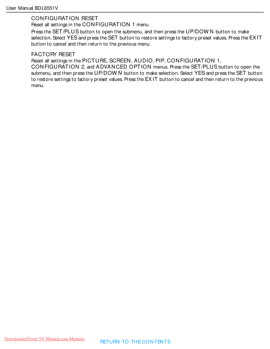 Philips BDL6551V user manual Configuration Reset, Factory Reset 