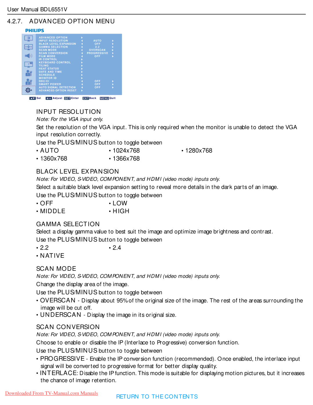 Philips BDL6551V Input Resolution, Black Level Expansion, Middle High Gamma Selection, Native Scan Mode, Scan Conversion 