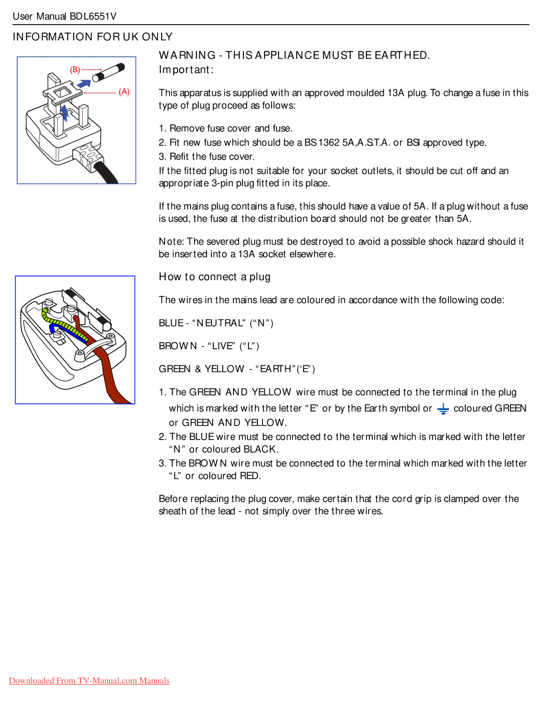 Philips BDL6551V user manual Information for UK only, How to connect a plug 