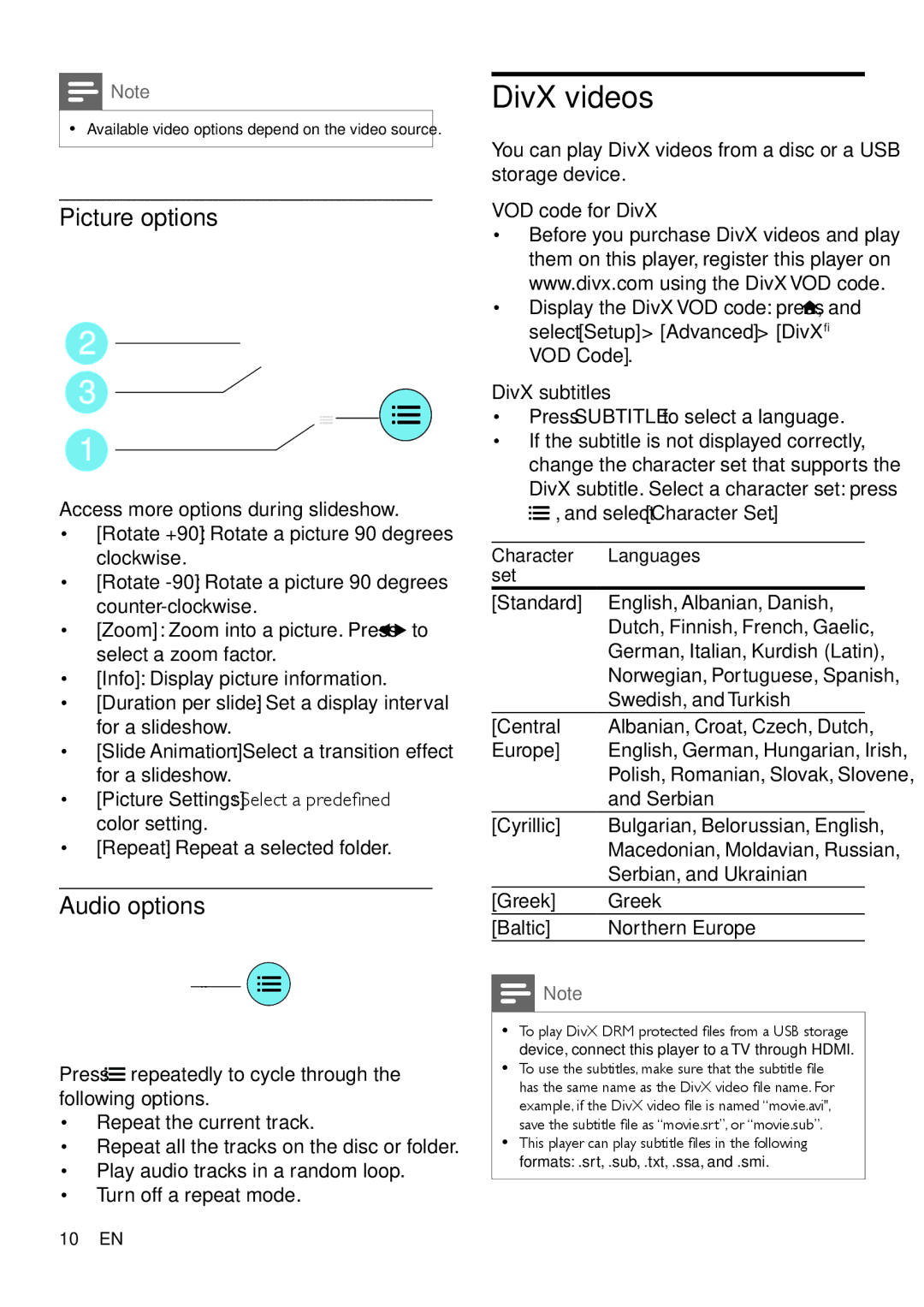 Philips BDP2100 user manual DivX videos, Picture options, Audio options, Select Character Set 