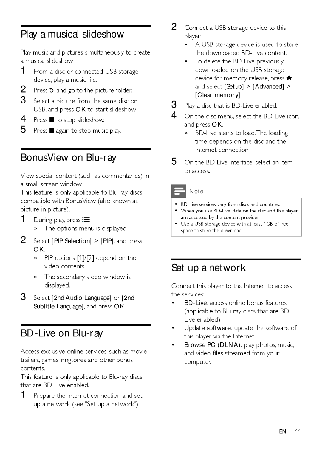 Philips BDP2100 user manual Play a musical slideshow, BonusView on Blu-ray, BD-Live on Blu-ray, Set up a network 