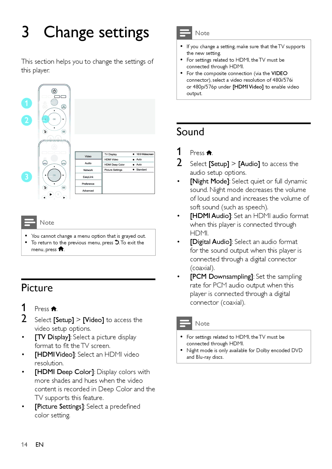 Philips BDP2100 user manual Change settings, Picture, Sound 