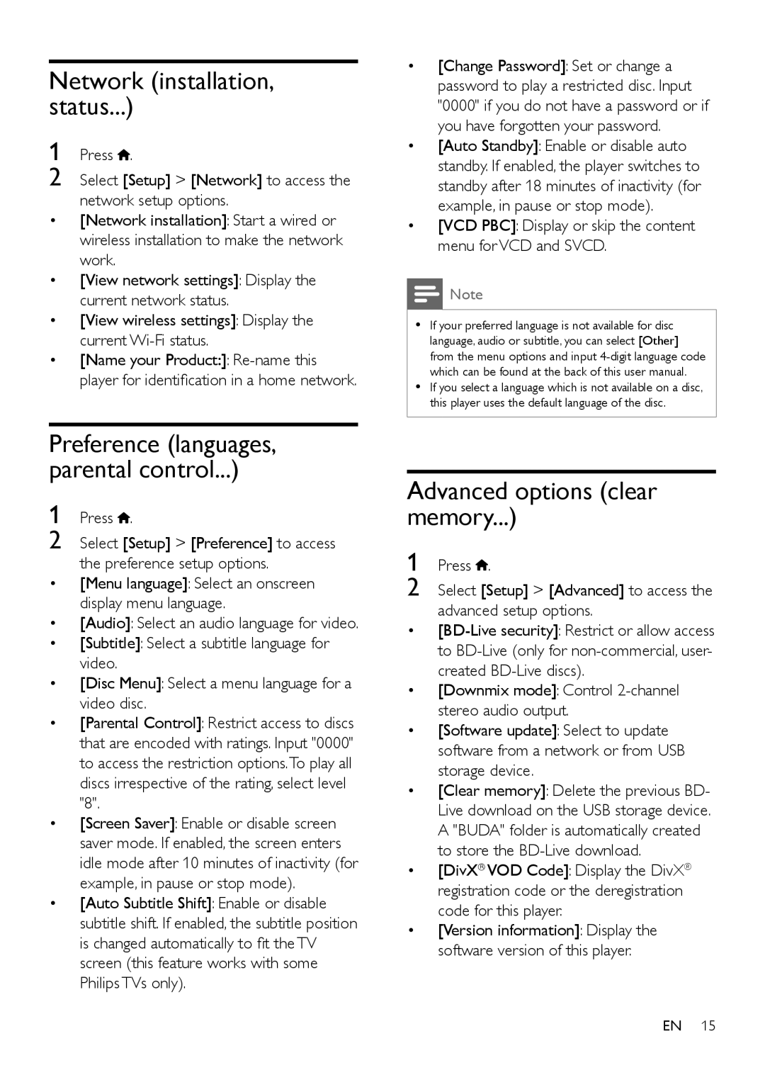 Philips BDP2100 user manual Network installation, status, Advanced options clear memory 