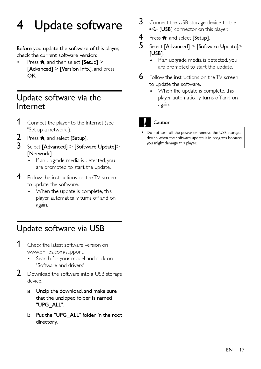 Philips BDP2100 user manual Update software via the Internet, Update software via USB 