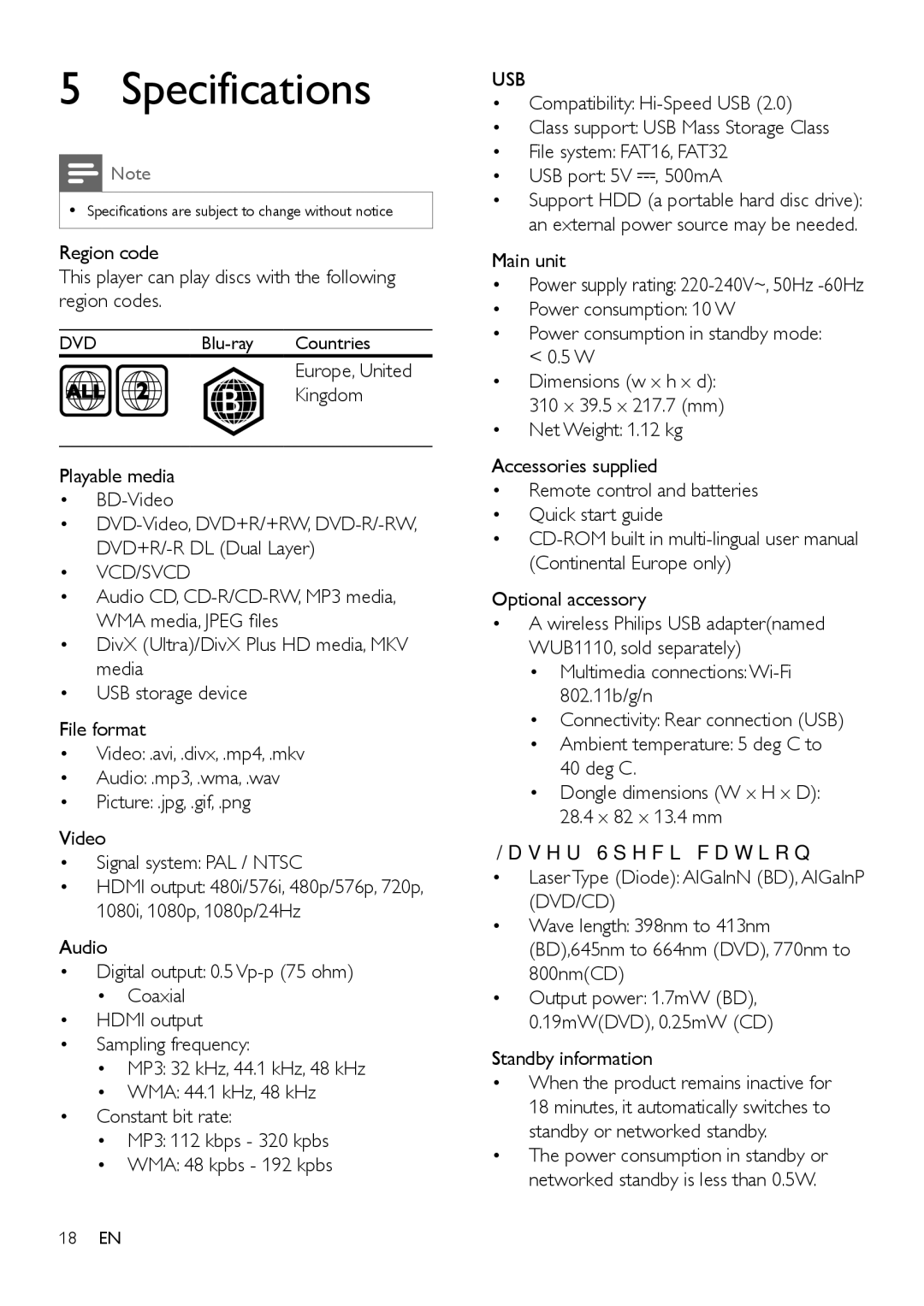 Philips BDP2100 user manual Specifications, Kingdom, Playable media BD-Video, Main unit, Standby information 