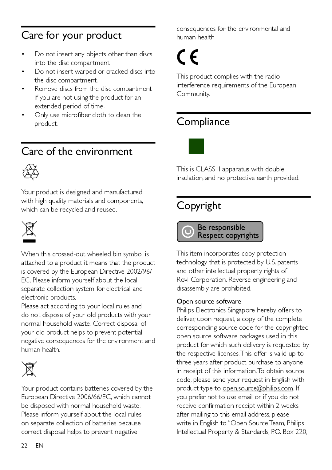 Philips BDP2100 user manual Care for your product, Care of the environment, Compliance, Copyright 