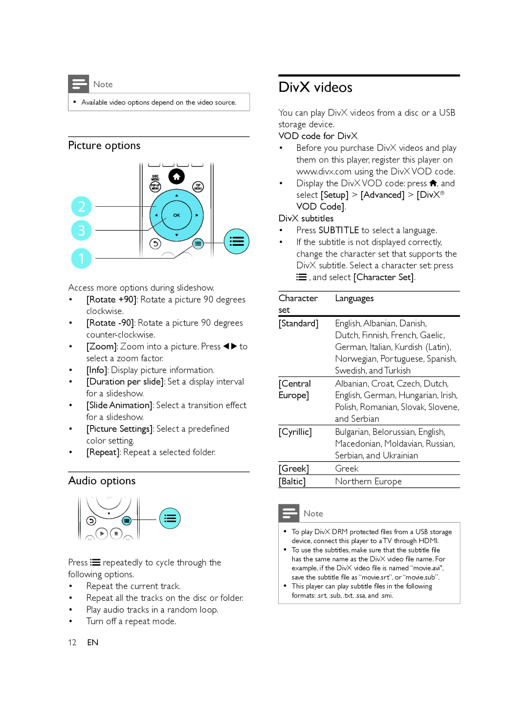 Philips BDP2100/F7 user manual DivX videos, Picture options, Audio options 