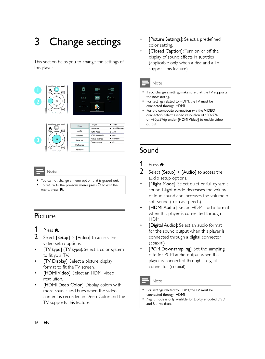 Philips BDP2100/F7 user manual Change settings, Picture, Sound 