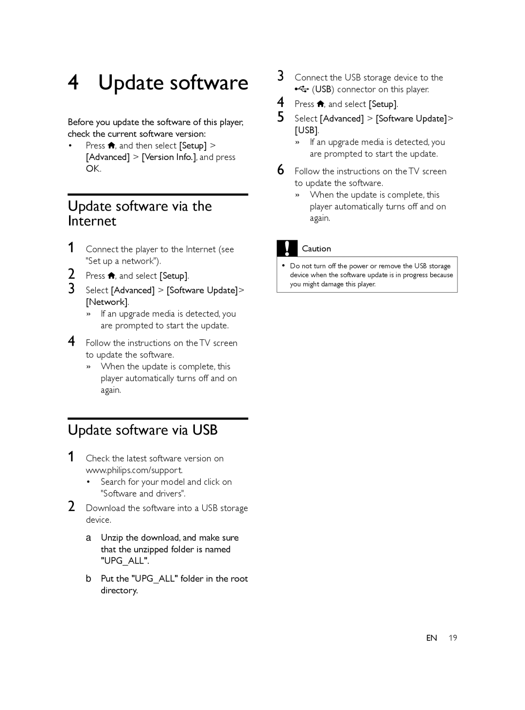 Philips BDP2100/F7 user manual Update software via the Internet, Update software via USB 