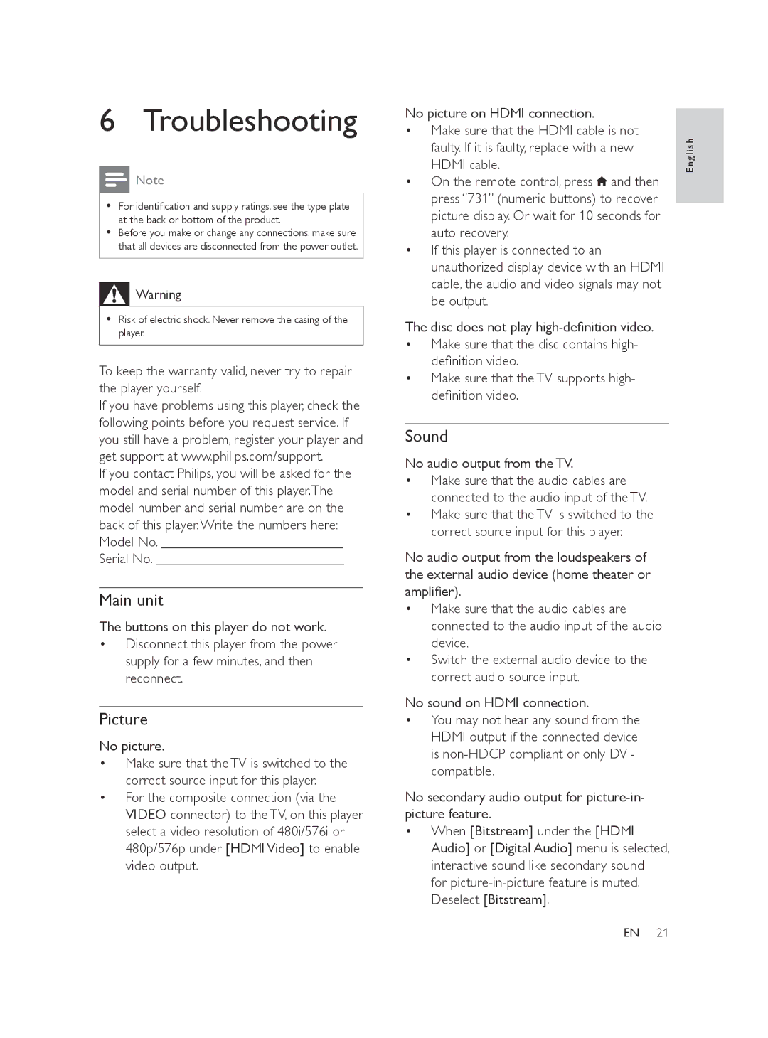 Philips BDP2100/F7 user manual Troubleshooting, Main unit, Picture, Sound 