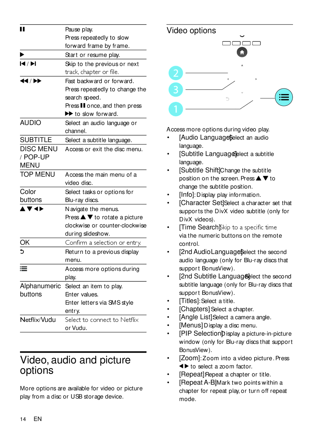 Philips BDP2105/F7 user manual Video, audio and picture options 