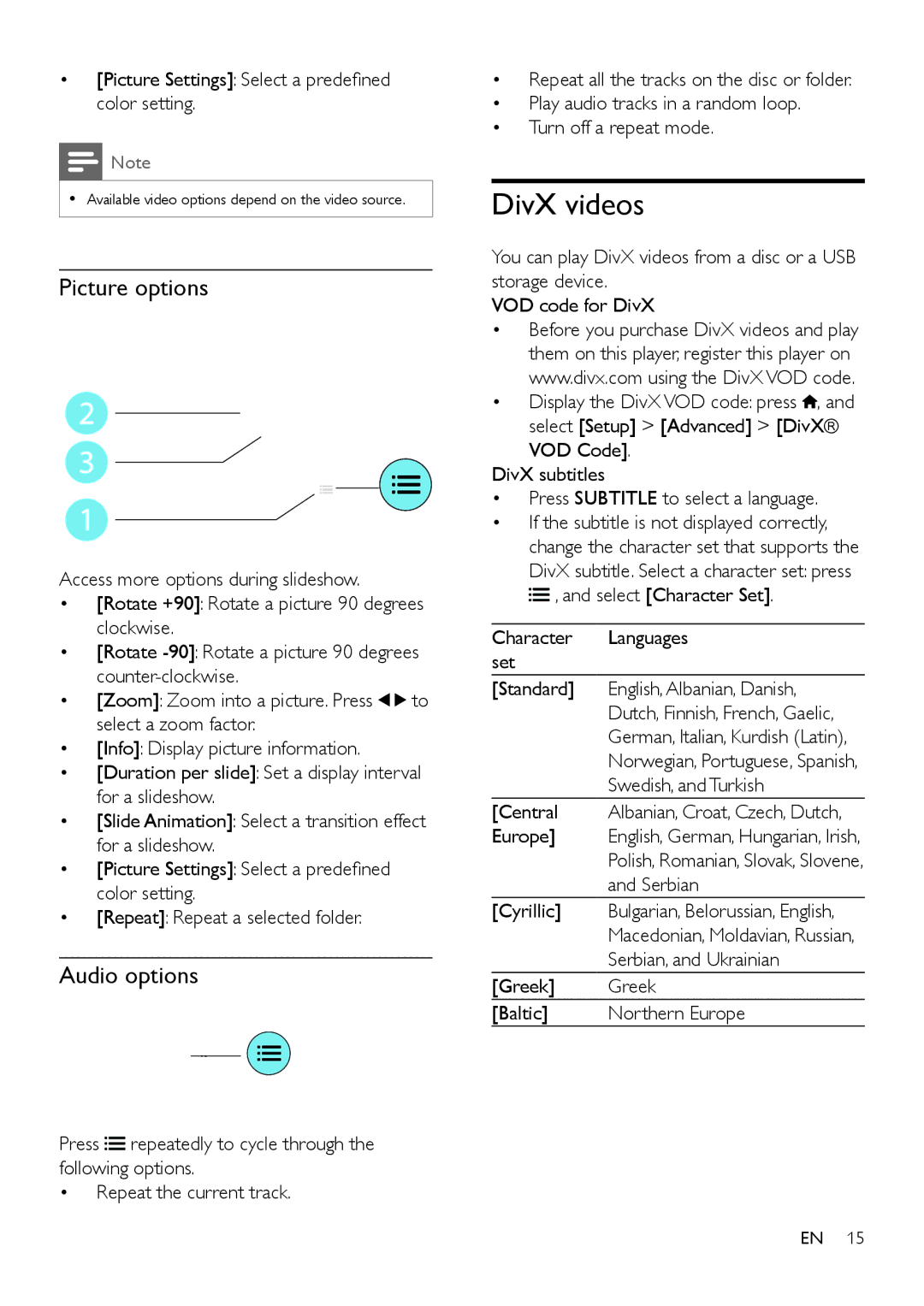 Philips BDP2105/F7 user manual DivX videos, Picture Settings Select a predefined color setting 