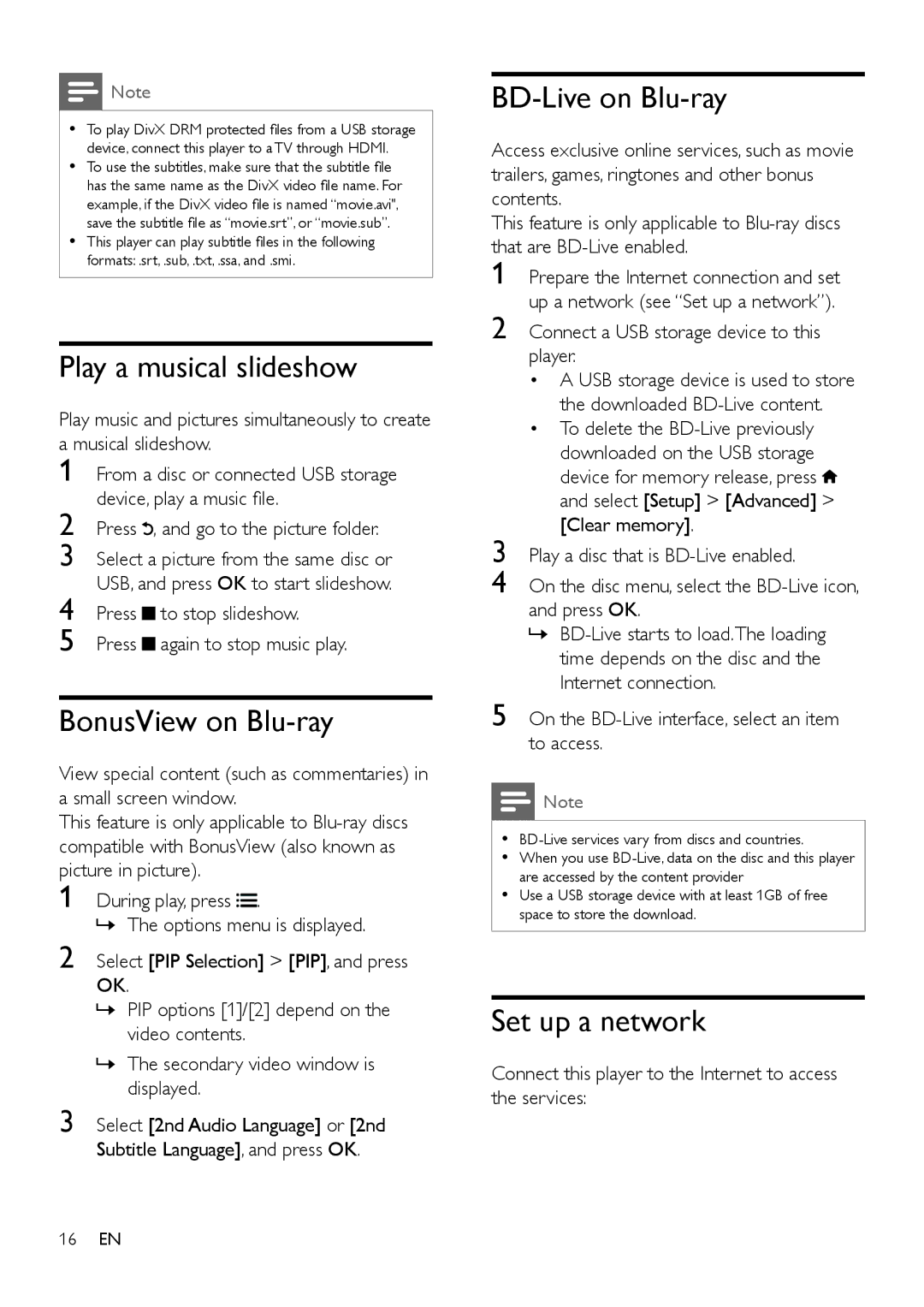 Philips BDP2105/F7 user manual Play a musical slideshow, BonusView on Blu-ray, BD-Live on Blu-ray, Set up a network 