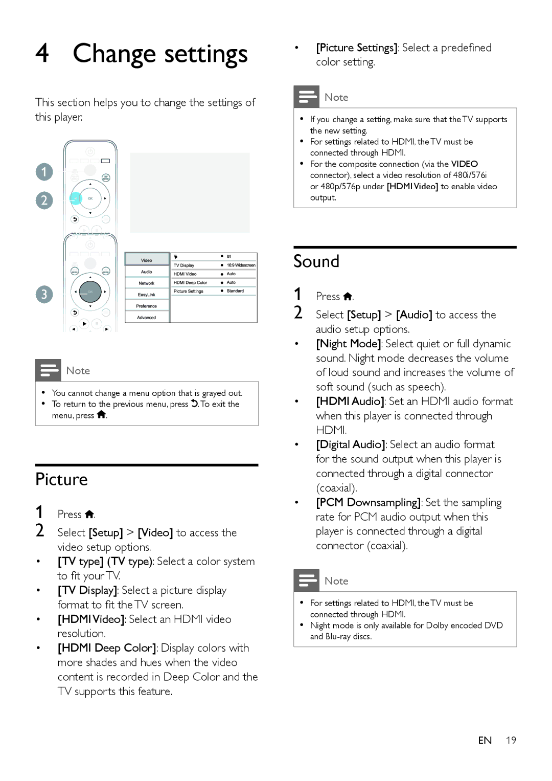 Philips BDP2105/F7 user manual Change settings, Picture, Sound, Hdmi Video Select an Hdmi video resolution 