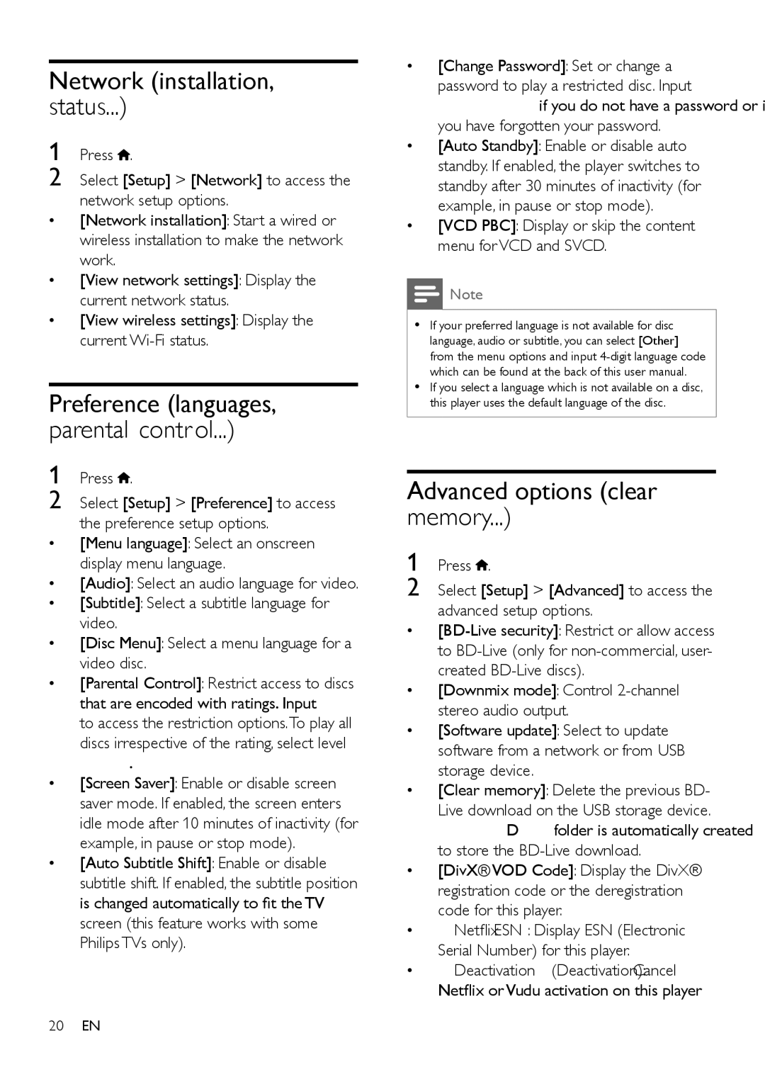 Philips BDP2105/F7 user manual Network installation, status, Advanced options clear memory 