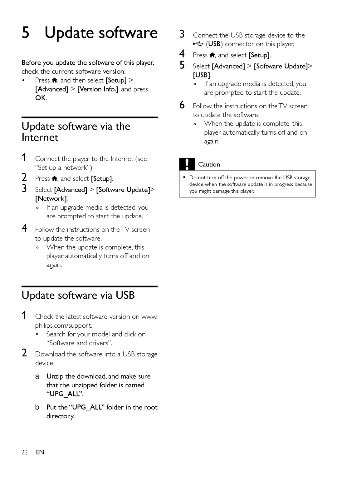 Philips BDP2105/F7 Update software via the Internet, Update software via USB, Select Advanced Software Update USB 