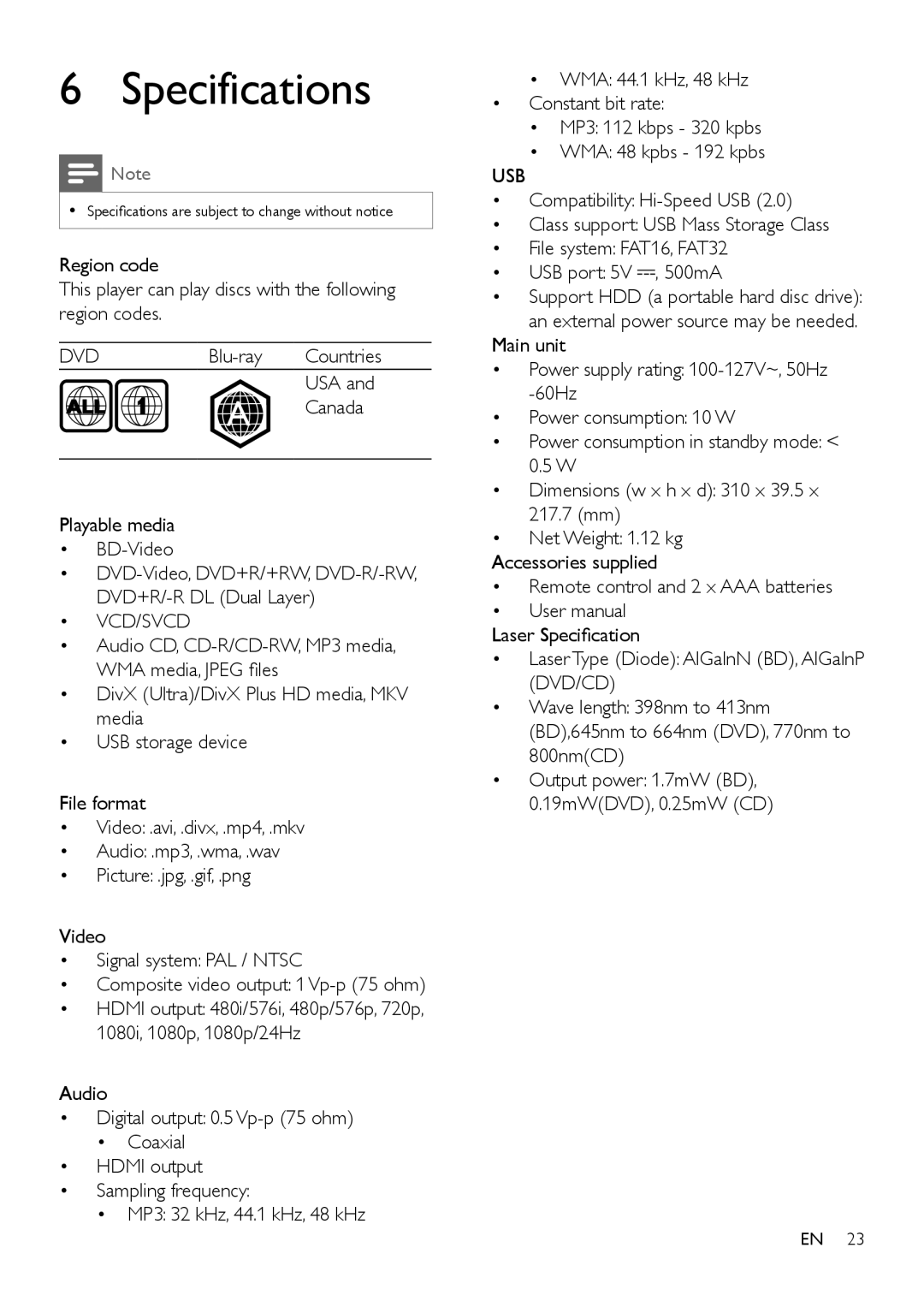 Philips BDP2105/F7 user manual Specifications, Blu-ray, Canada, Playable media BD-Video 