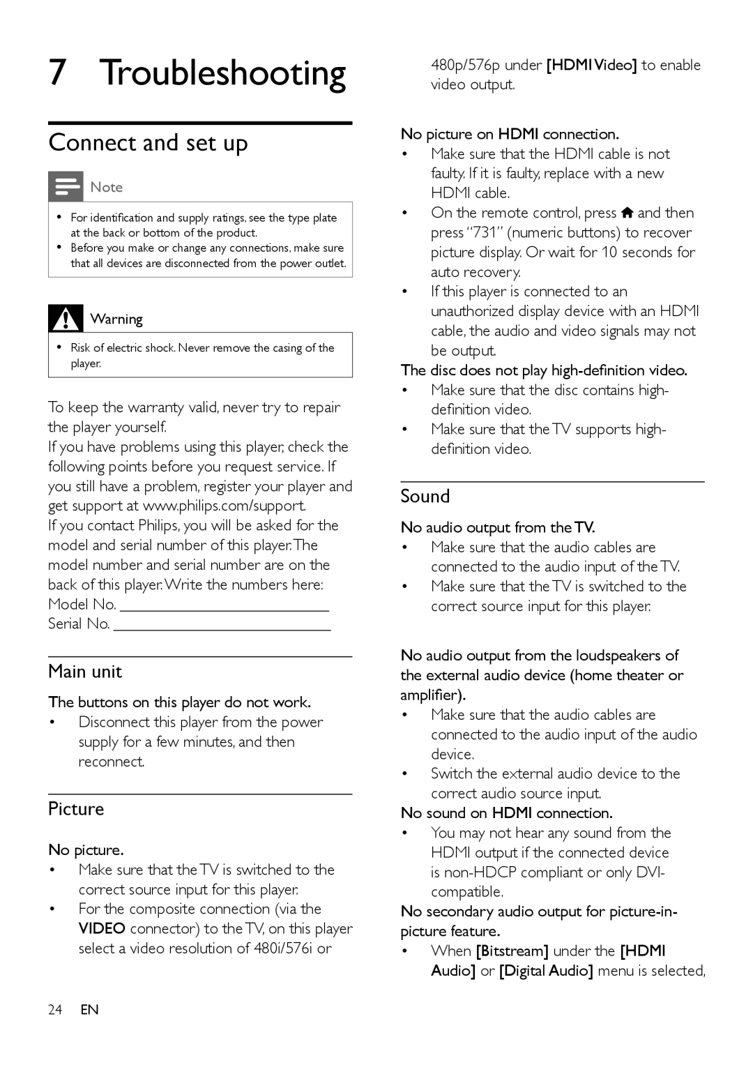 Philips BDP2105/F7 user manual Troubleshooting, Connect and set up, Serial No, No picture, No audio output from the TV 