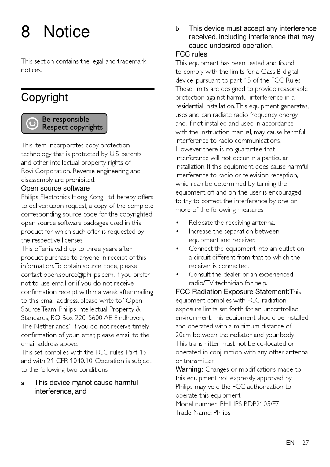 Philips BDP2105/F7 user manual Copyright, This section contains the legal and trademark notices, Open source software 