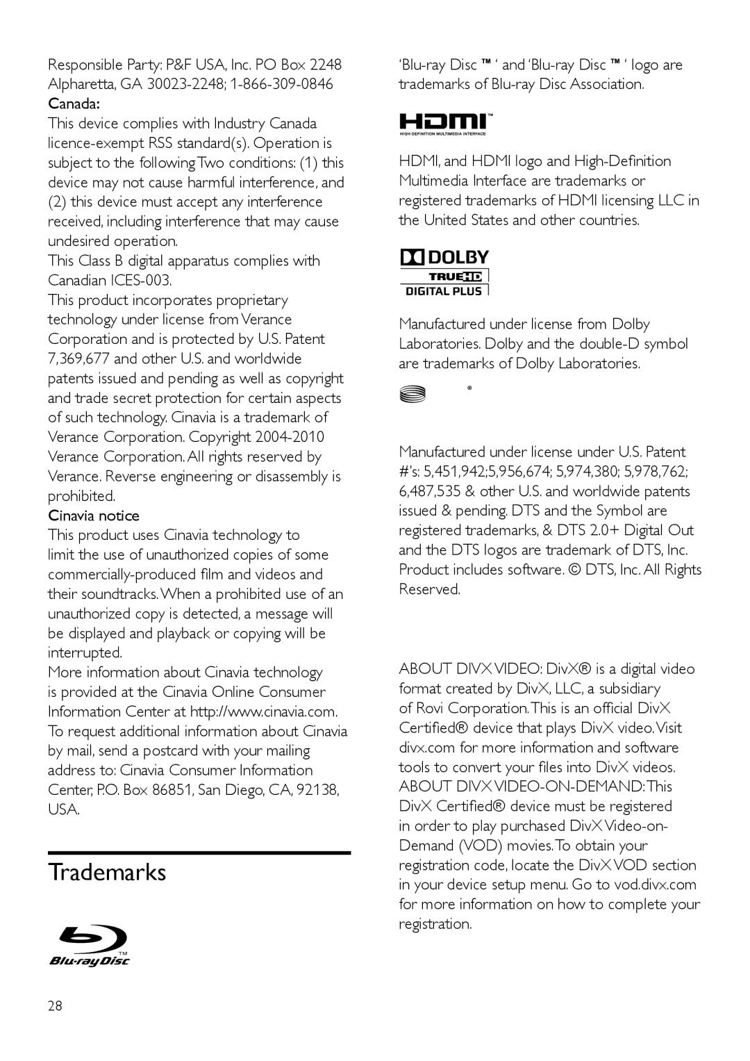 Philips BDP2105/F7 user manual Trademarks, Cinavia notice 