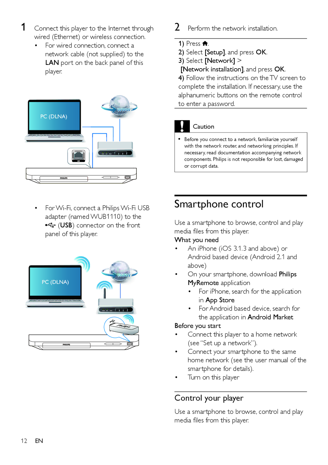 Philips BDP2180 user manual Smartphone control, Control your player 